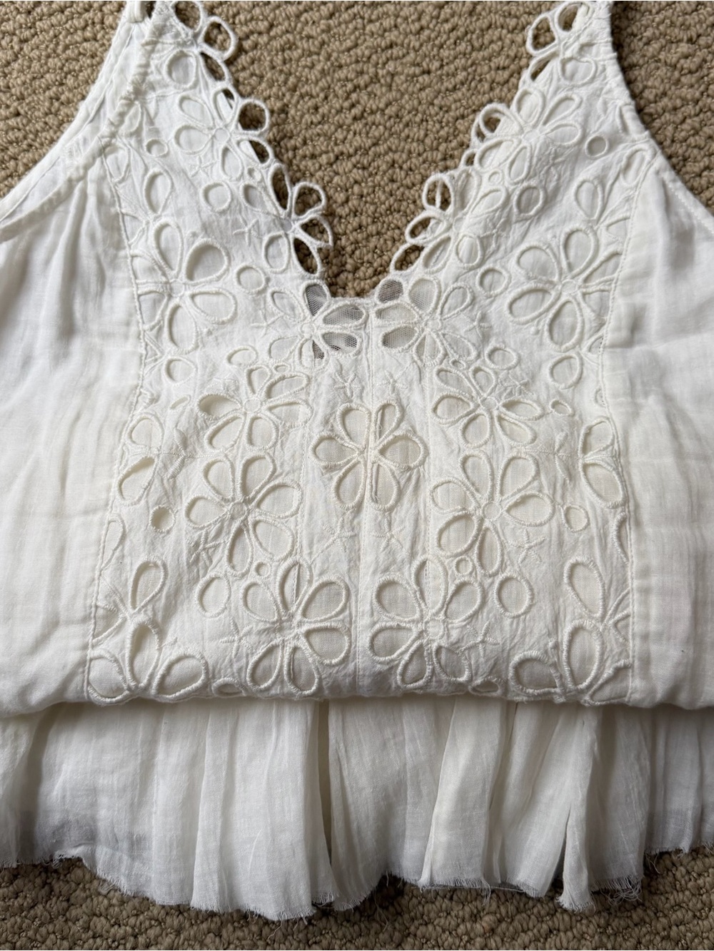 Free People White Eyelet Cotton Tank with Scalloped Trim